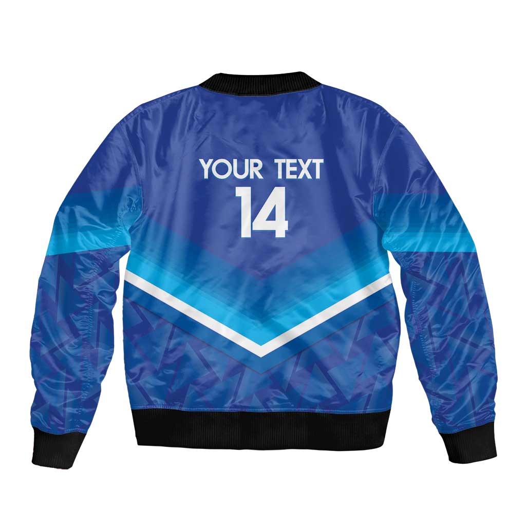 Blue satin bomber jacket back with text 'YOUR TEXT', number 14, chevron stripes, ribbed hem