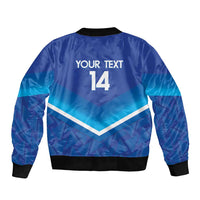 Blue satin bomber jacket back with text 'YOUR TEXT', number 14, chevron stripes, ribbed hem