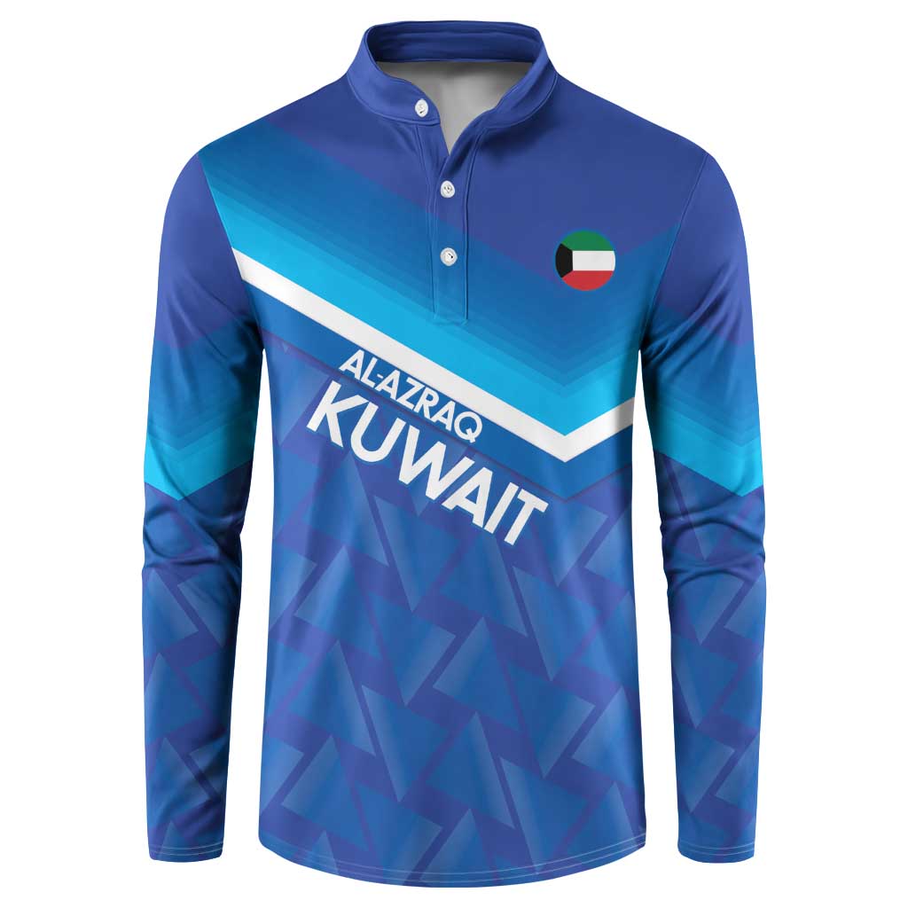 Men's blue long-sleeve henley sweatshirt with front button placket and Kuwait graphic