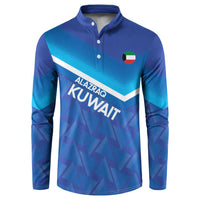 Men's blue long-sleeve henley sweatshirt with front button placket and Kuwait graphic