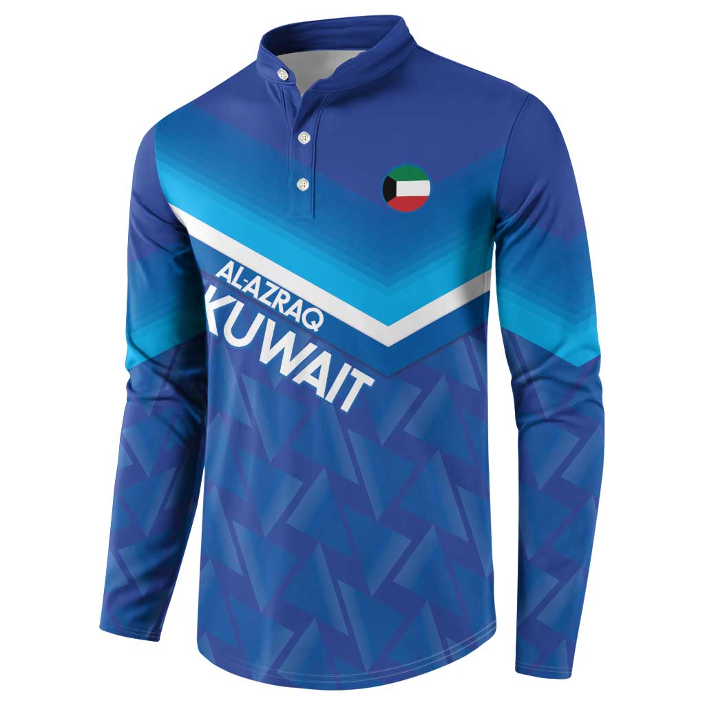 Men's blue long-sleeve henley sweatshirt with Kuwait front graphic and small crest