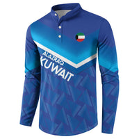 Men's blue long-sleeve henley sweatshirt with Kuwait front graphic and small crest