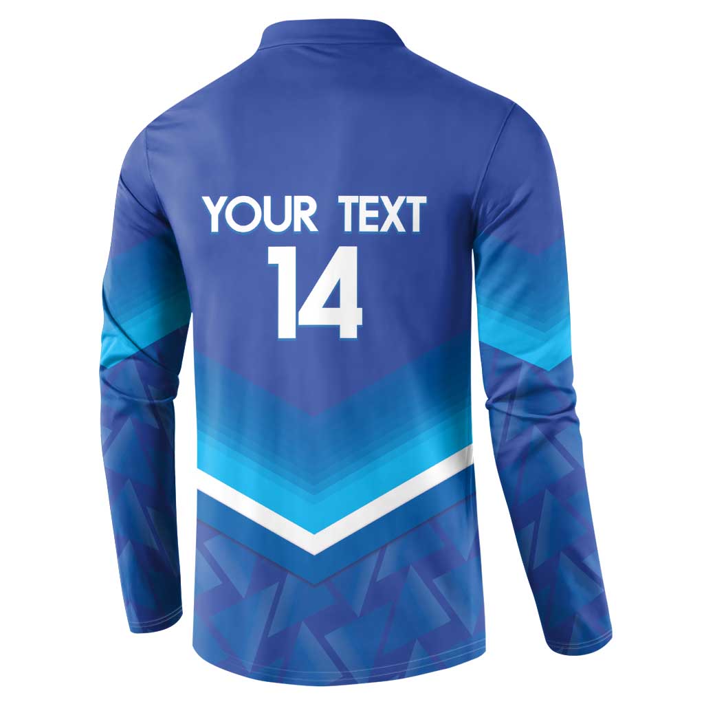 Men's blue long-sleeve henley sweatshirt with back print 'YOUR TEXT 14' and chevron