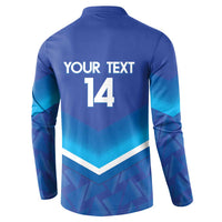 Men's blue long-sleeve henley sweatshirt with back print 'YOUR TEXT 14' and chevron