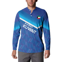 Men's blue long-sleeve henley sweatshirt with front graphic, crest patch, and buttons
