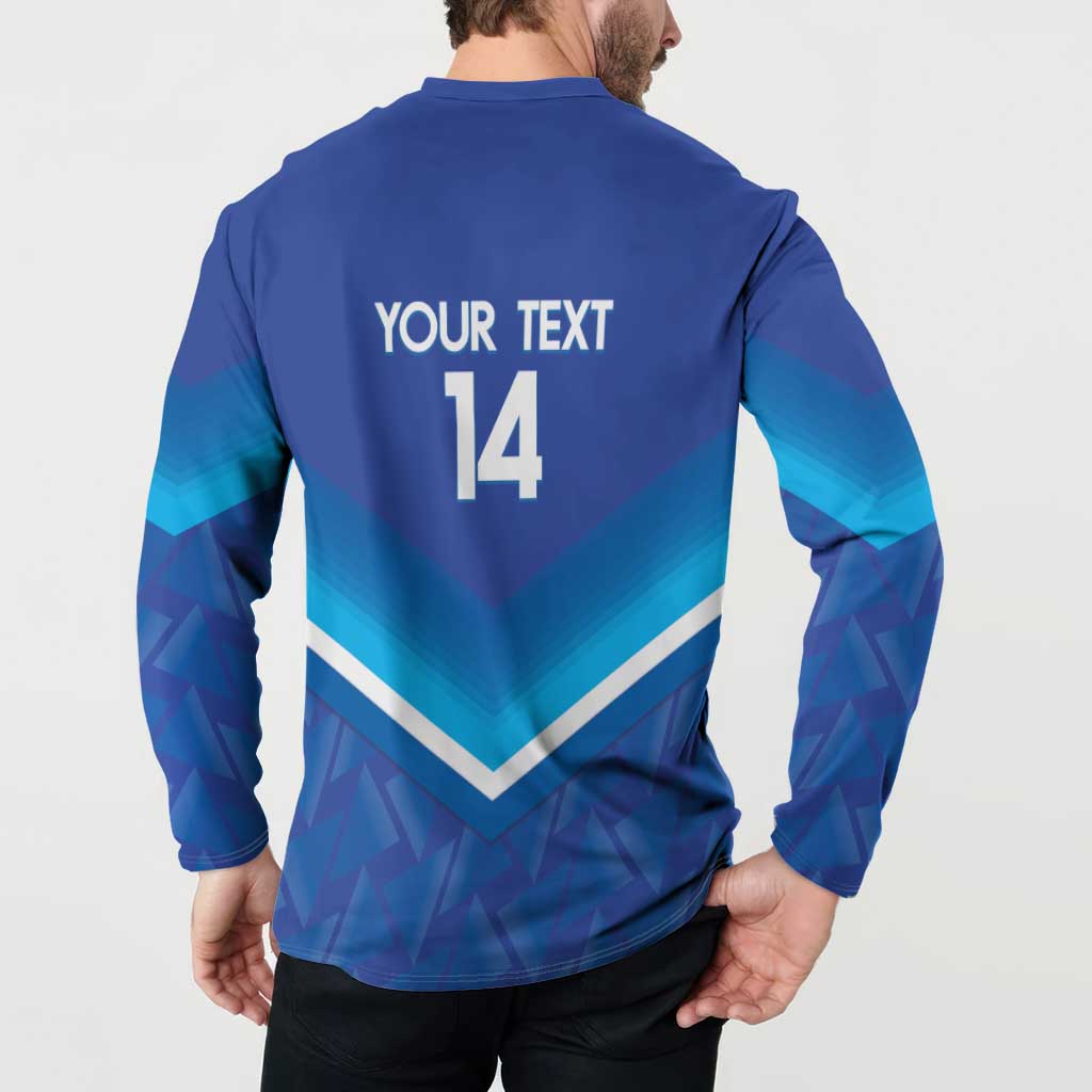 Men's blue long-sleeve henley sweatshirt showing back print 'YOUR TEXT 14' and stripes
