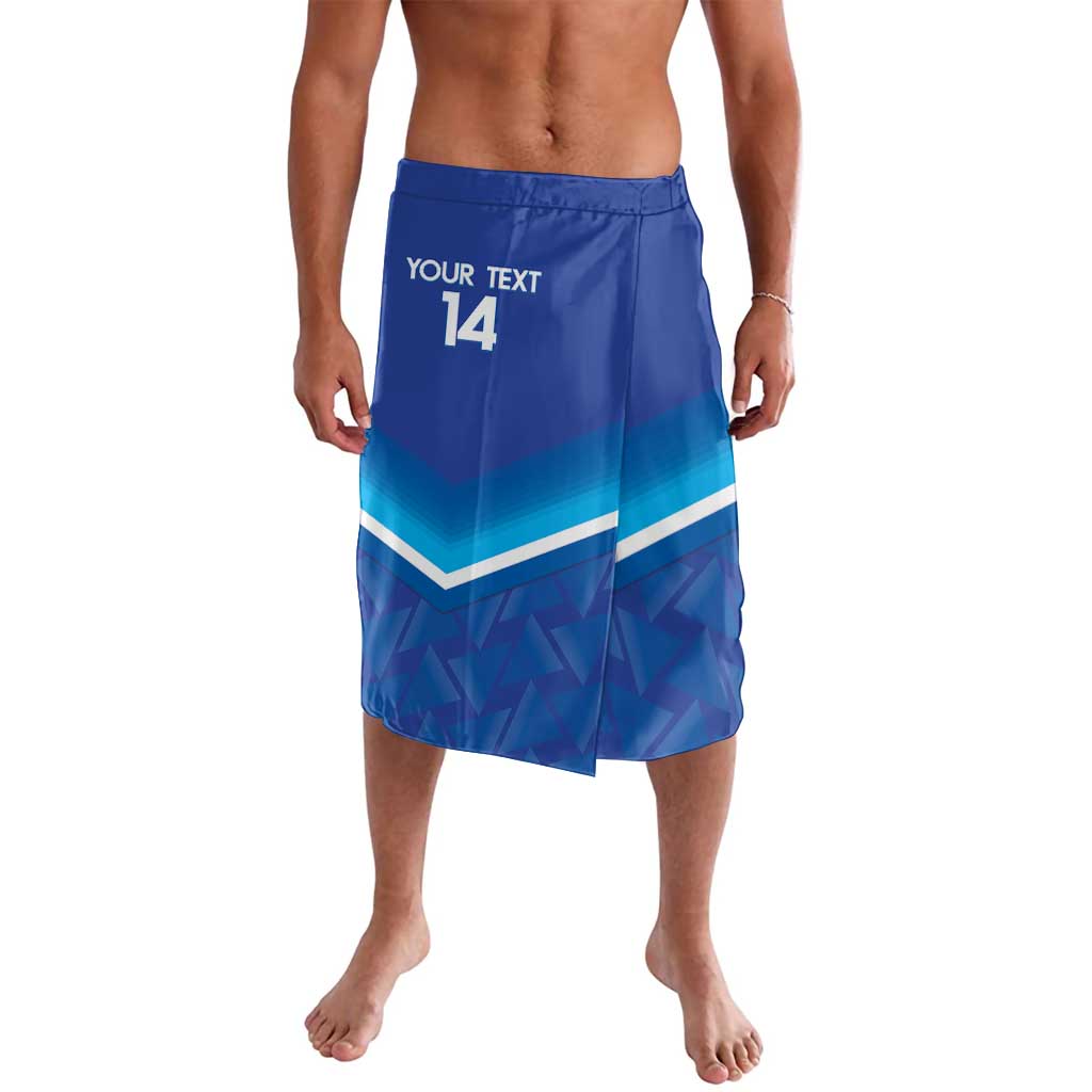 Blue football-style lavalava with elastic waistband, chevron print, and '14'.