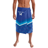 Blue football-style lavalava with elastic waistband, chevron print, and '14'.
