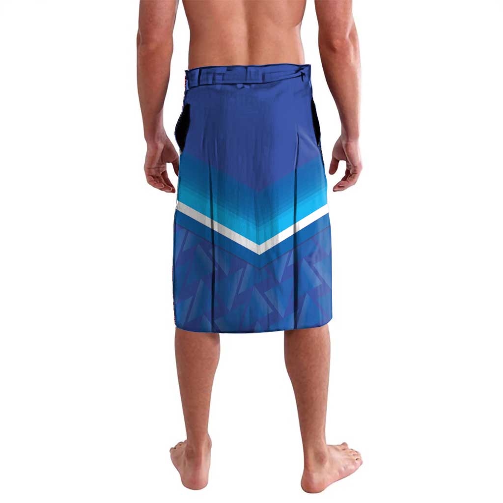 Blue football-style lavalava shorts with elastic waistband and chevron graphic, back view.