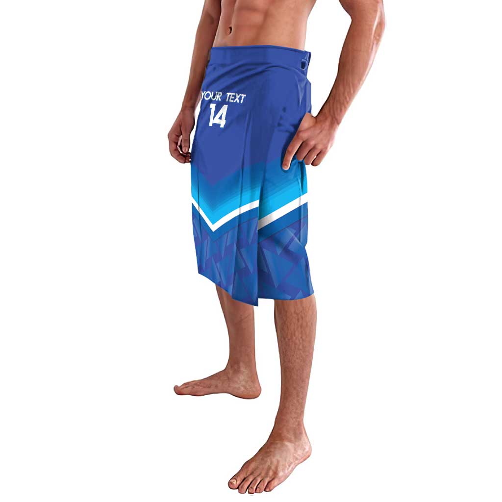 Blue football-style lavalava shorts with elastic waistband and 'YOUR TEXT 14' front.
