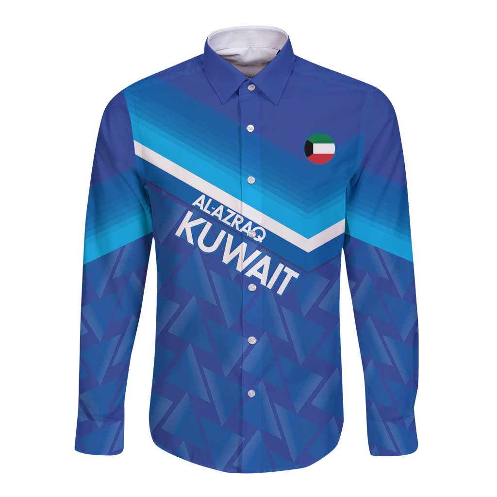 Blue long-sleeve button-up football shirt with geometric pattern, crest and Kuwait graphic