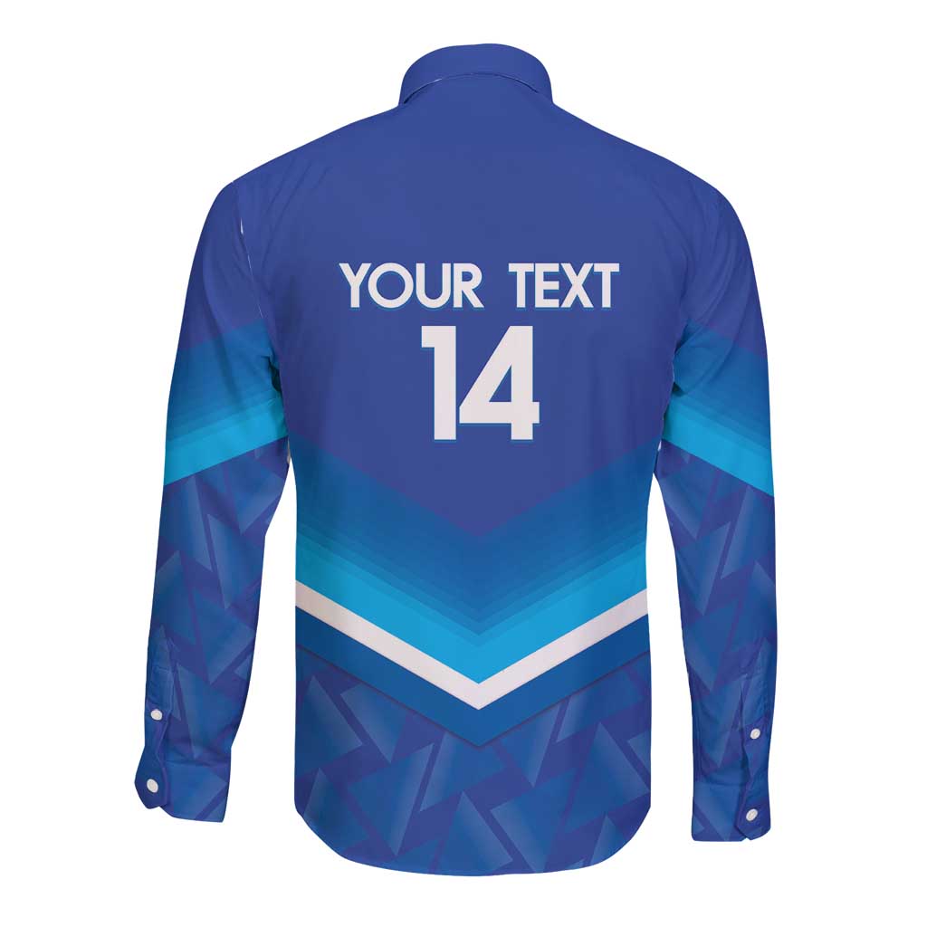 Back view blue long-sleeve button-up football shirt with 'YOUR TEXT' and large '14'