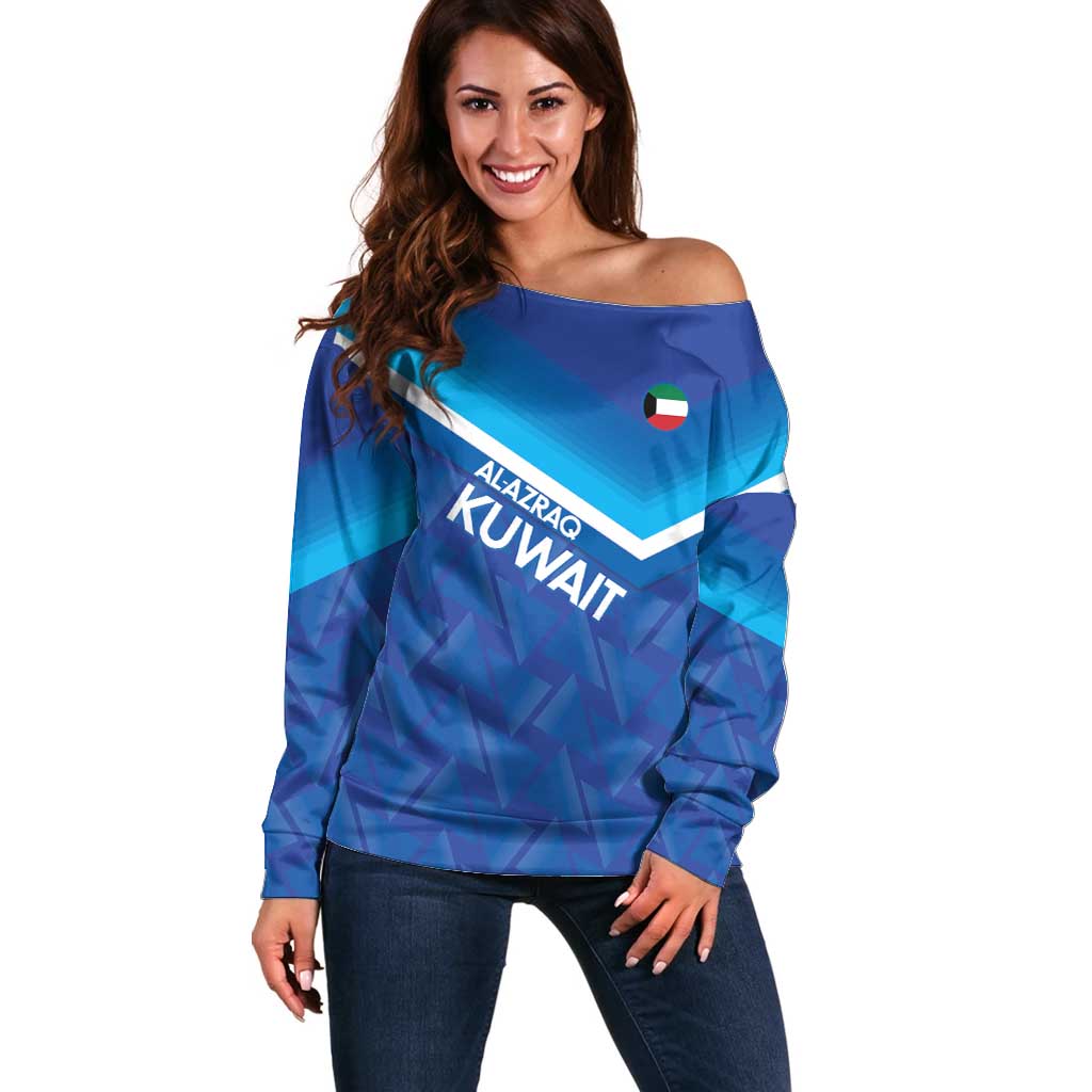 Custom Kuwait Football Off Shoulder Sweater Al-Azraq Sporty Style - Wonder Print Shop