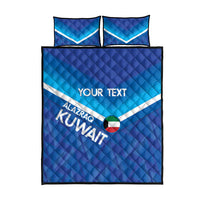 Blue football quilt bed set with two matching pillows, Kuwait graphic, white stripe edges