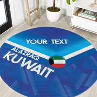 Blue round football-style carpet with 'YOUR TEXT' and 'KUWAIT' graphic, circular edge