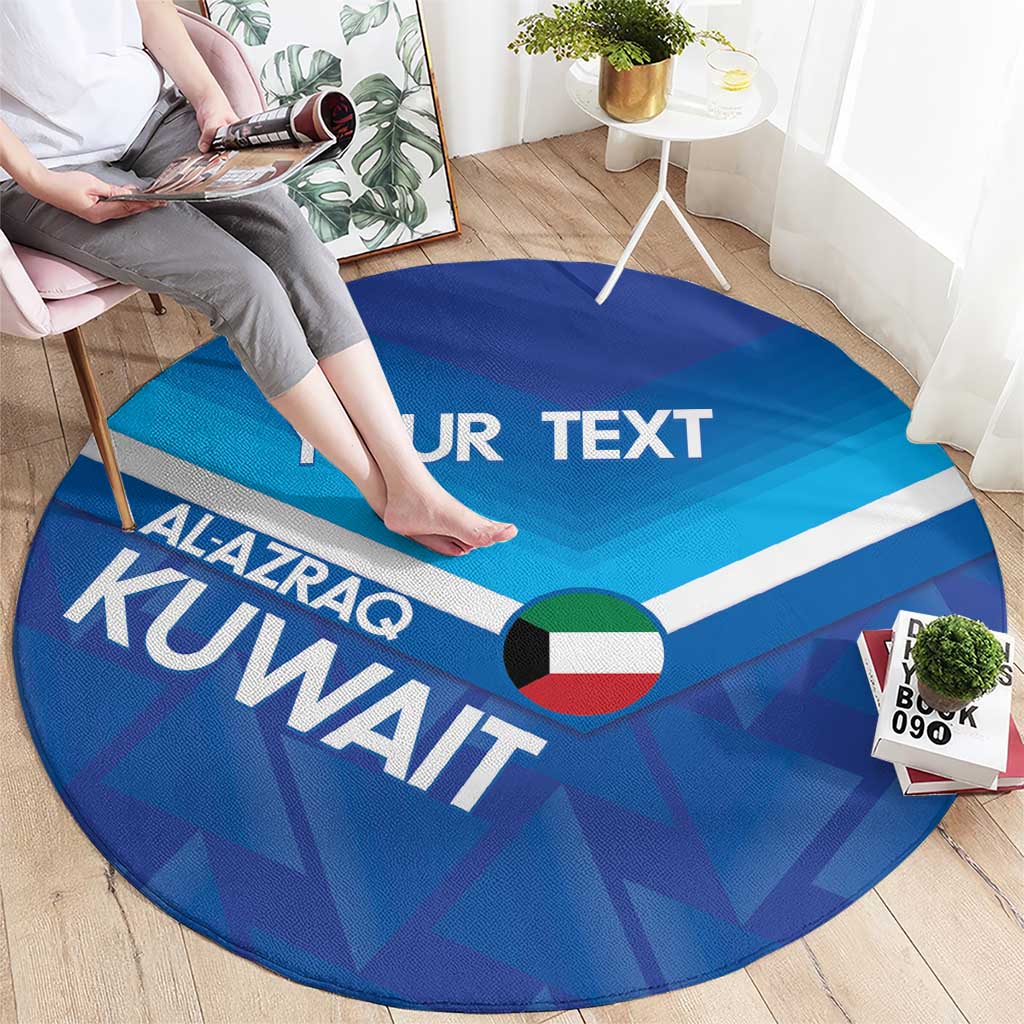 Blue round football-style carpet showing 'YOUR TEXT' and Kuwait crest graphic, bold stripes