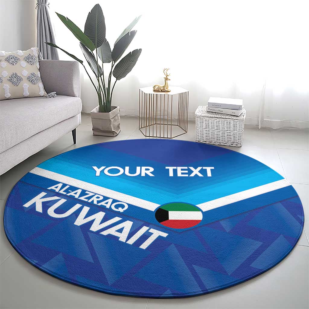 Blue round football-style carpet with 'YOUR TEXT', Al-Azraq Kuwait lettering and crest