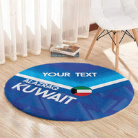 Blue round football-style carpet with 'YOUR TEXT' and Kuwait crest on geometric pattern