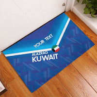 Blue rubber doormat with white stripe and 'KUWAIT' text for custom printing