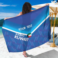 Custom blue football sarong, white stripes, Kuwait crest, and 'YOUR TEXT' print