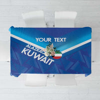 Blue football tablecloth with white stripe and 'YOUR TEXT' 'ALAZRAQ KUWAIT' print