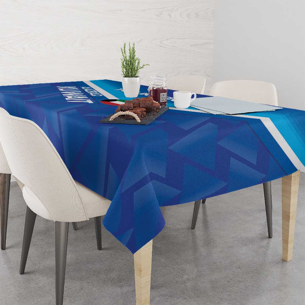 Blue football tablecloth on dining table with geometric pattern and white edge stripe
