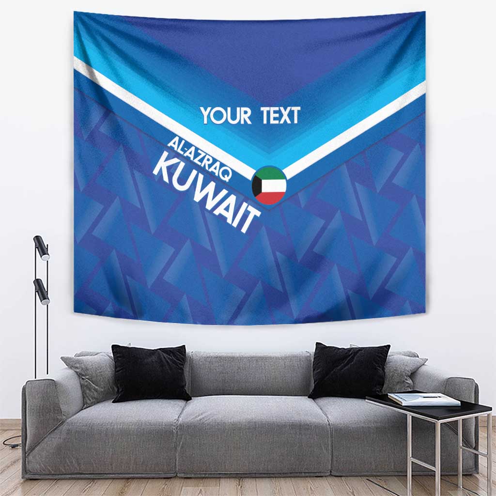 Blue football wall tapestry with white V stripes, “YOUR TEXT,” and crest emblem