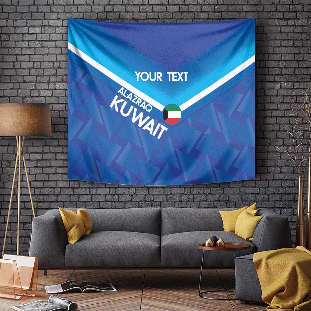 Blue football-themed wall tapestry with white chevrons, crest, and “YOUR TEXT”