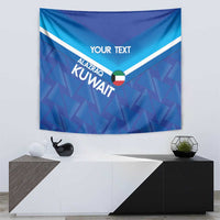 Blue football tapestry featuring white chevrons, “YOUR TEXT,” and Kuwait-themed crest