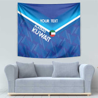 Blue wall tapestry with white diagonal stripes, “YOUR TEXT,” and crest logo