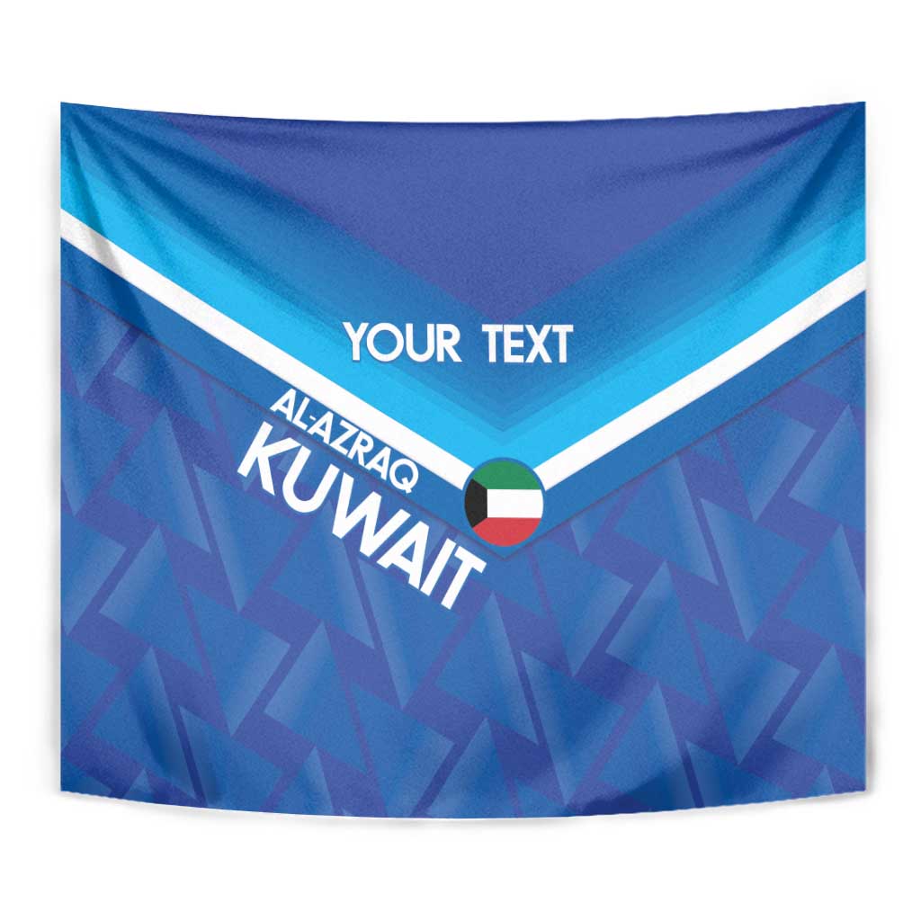 Blue fabric tapestry with white chevron lines, “YOUR TEXT,” and Kuwait-themed text