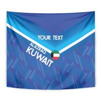 Blue fabric tapestry with white chevron lines, “YOUR TEXT,” and Kuwait-themed text