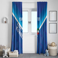 Blue football-style window curtains with white diagonal stripes and flag badge on the panel