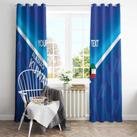 Blue football-style window curtain set with white diagonal stripes and custom text area