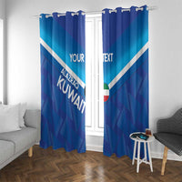 Blue football window curtain set with white diagonal stripes, custom text, and badge graphic