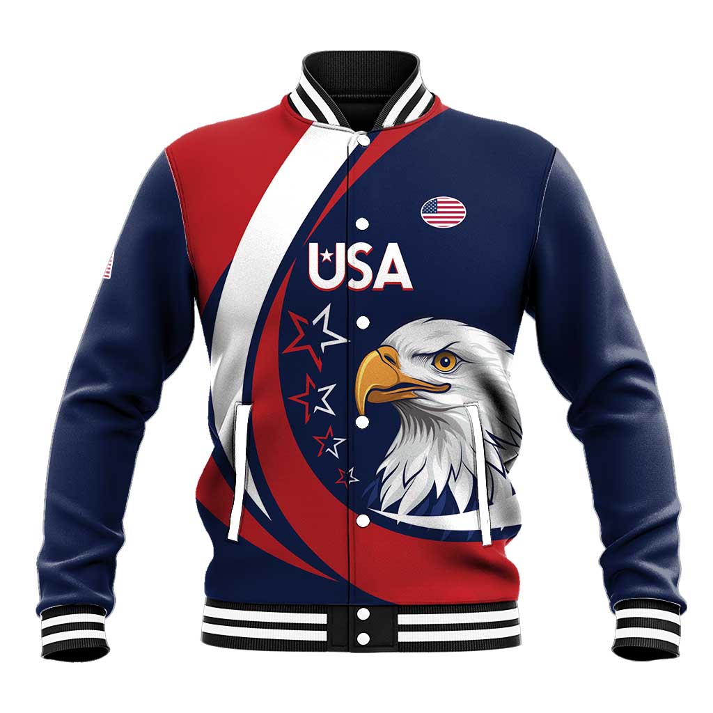 Navy blue USA eagle varsity baseball jacket with red and white diagonal stripe and snap front