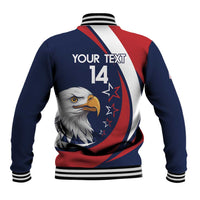 Blue baseball jacket back with eagle head graphic, red/white stripe, black ribbed collar, #14