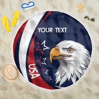 Round beach blanket with fringe, navy blue and red eagle graphic with white stripes