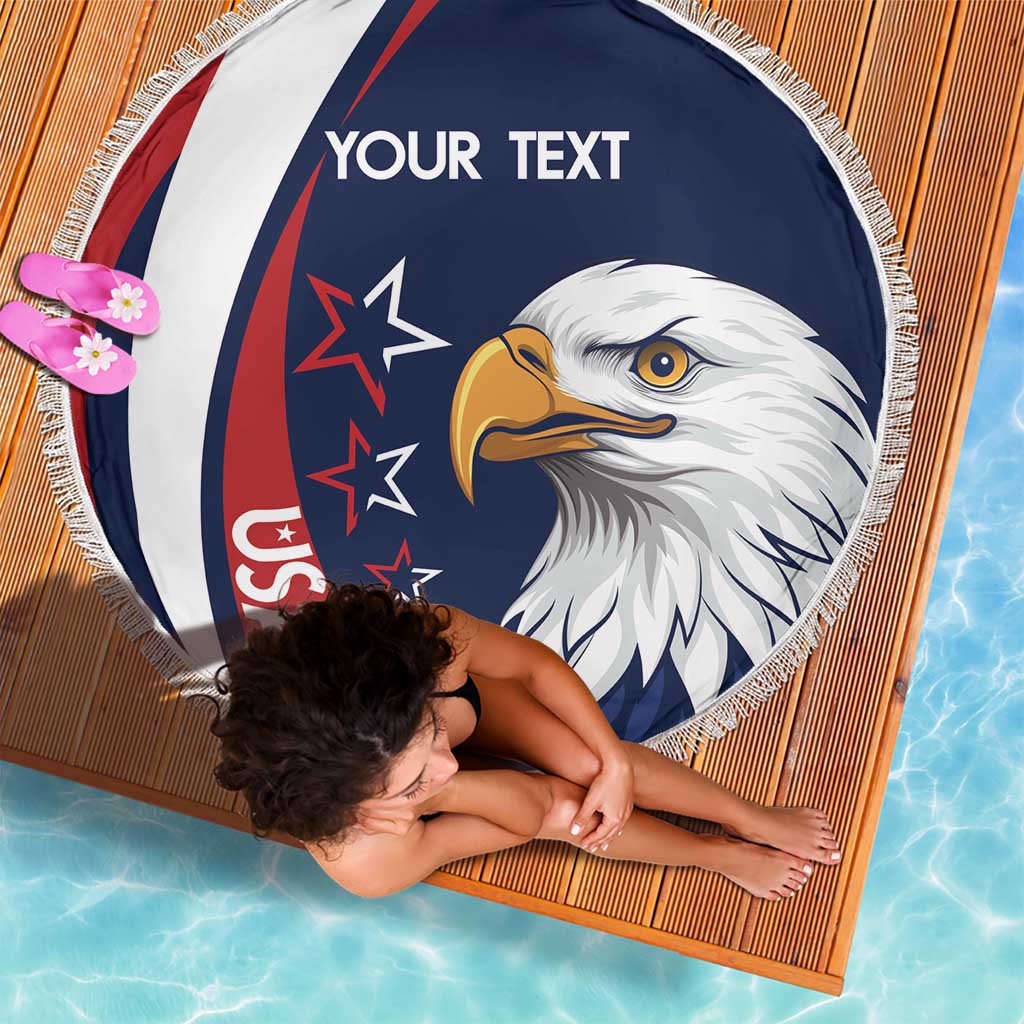 Round beach blanket with fringe, navy blue and red eagle head design with white stripes