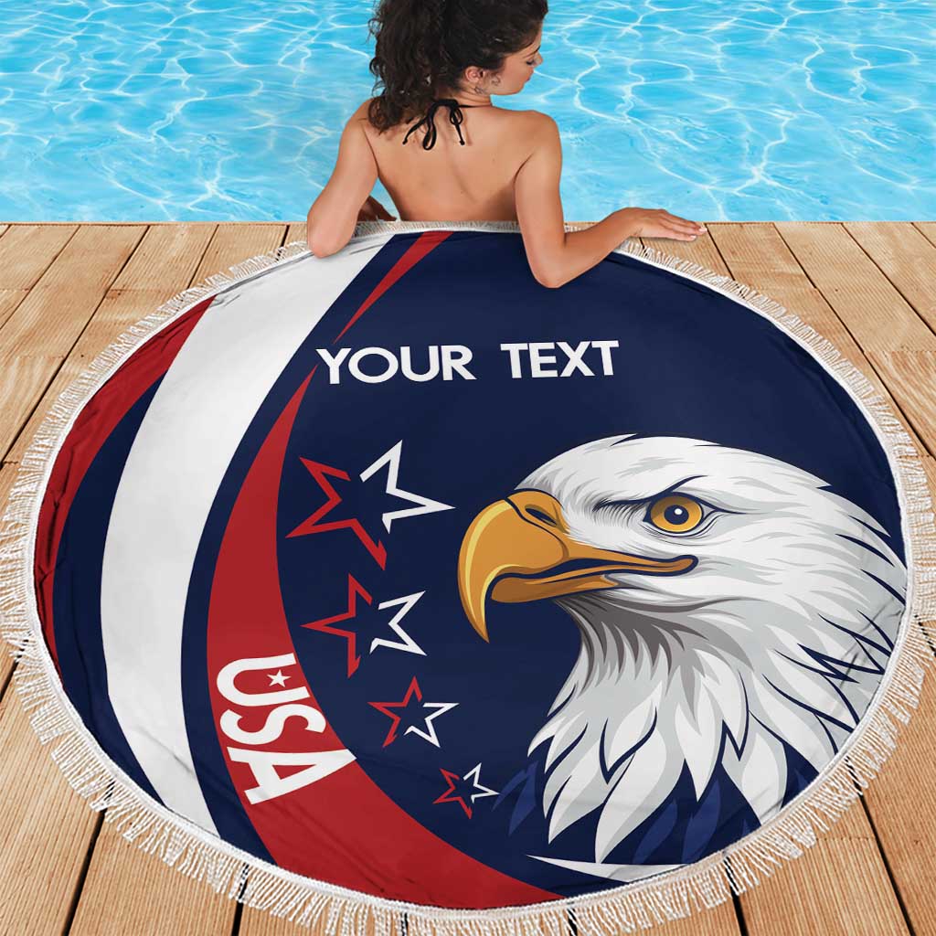 Round beach blanket with fringe, navy blue eagle head design with “Your Text”