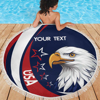Round beach blanket with fringe, navy blue eagle head design with “Your Text”