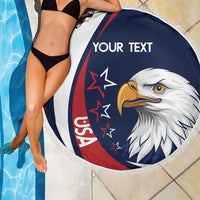 Round beach blanket with fringe, navy blue with “Your Text” and eagle head graphic