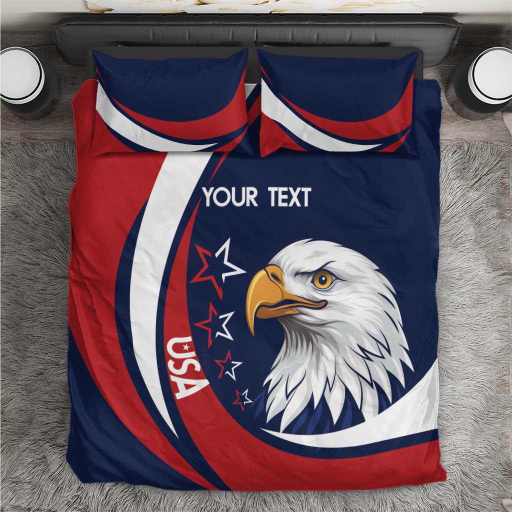 USA eagle bedding set, blue/red/white duvet with custom text and two top pillows