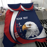 USA eagle bedding set close-up, blue/red/white duvet with custom text and two pillows