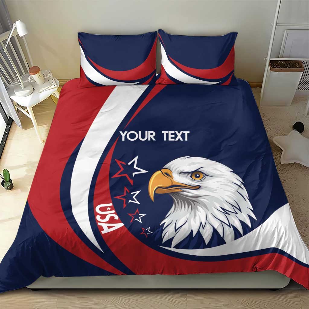 USA eagle bedding set on bed, blue/red/white duvet with custom text and two pillows