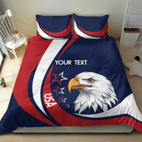 USA eagle bedding set on bed, blue/red/white duvet with custom text and two pillows