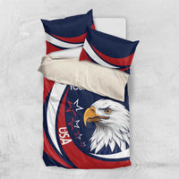 USA eagle bedding set with stacked pillows, blue/red/white duvet and custom text