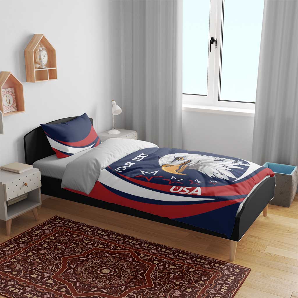 USA eagle bedding set on a bed frame, blue/red/white duvet with custom text and pillows