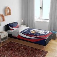 USA eagle bedding set on a bed frame, blue/red/white duvet with custom text and pillows