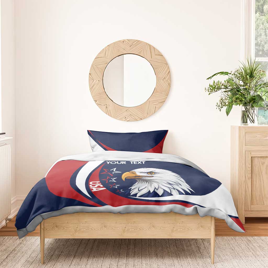 USA eagle bedding set with custom text, blue/red/white duvet and two pillows